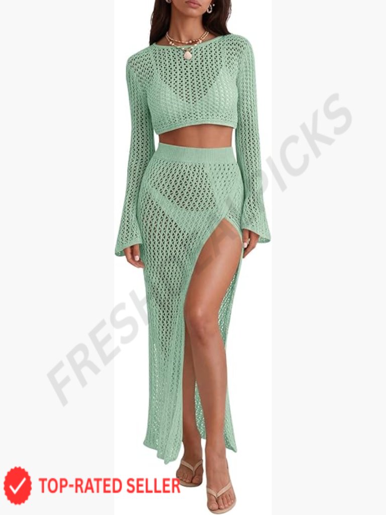Crochet Beach Cover Up Set 2 Piece Boat Neck Long Sleeve Crop Top Maxi Skirt